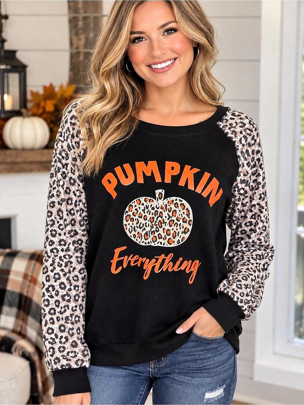NWT Leopard Sleeve Pumpkin Sweatshirt Size Medium